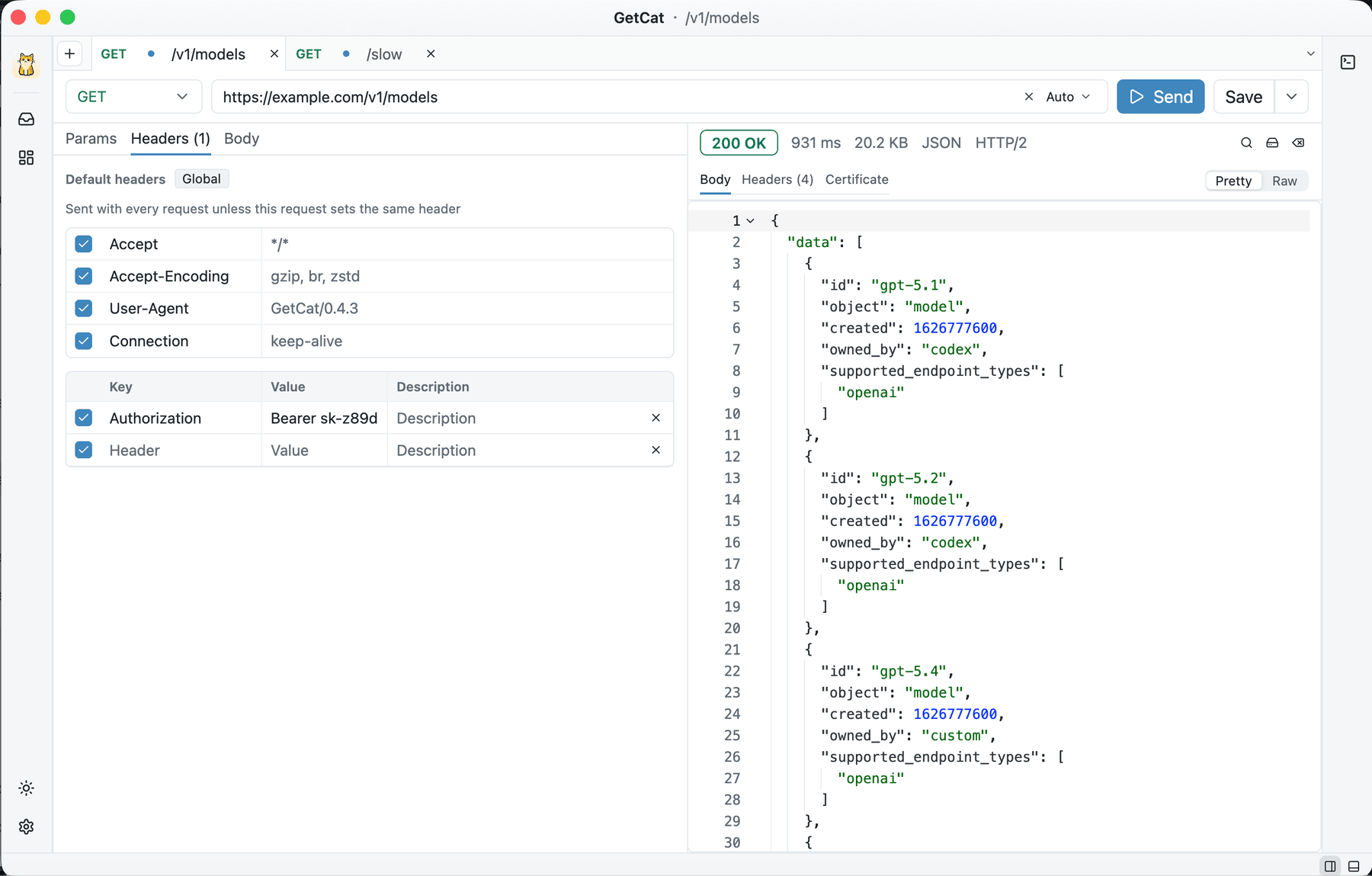 Building a request on the left, reading the JSON response on the right.